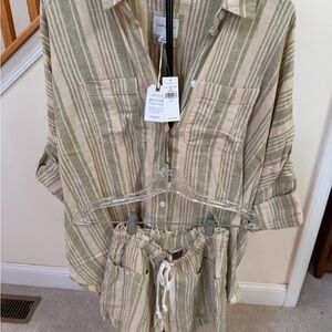 American Eagle Outfitters Green and Cream Striped Button-Up Set